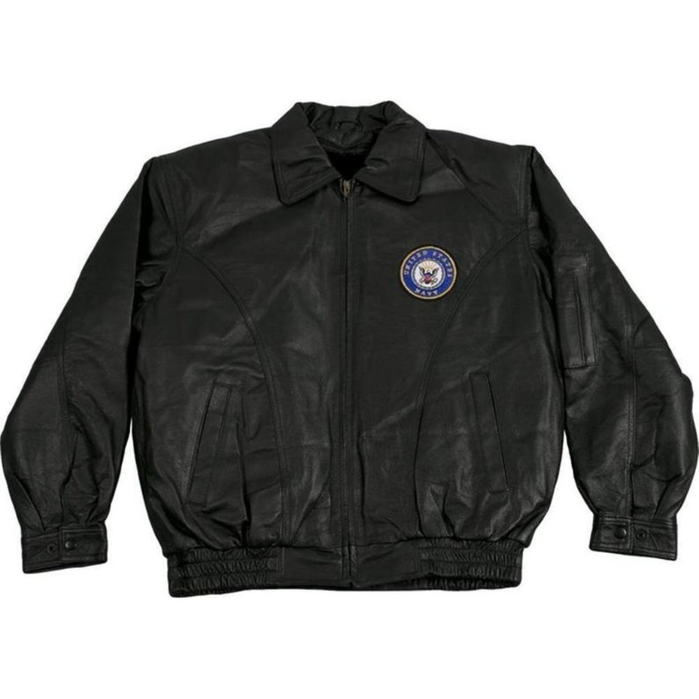 U.S. Navy Leather Bomber Jacket with Logo